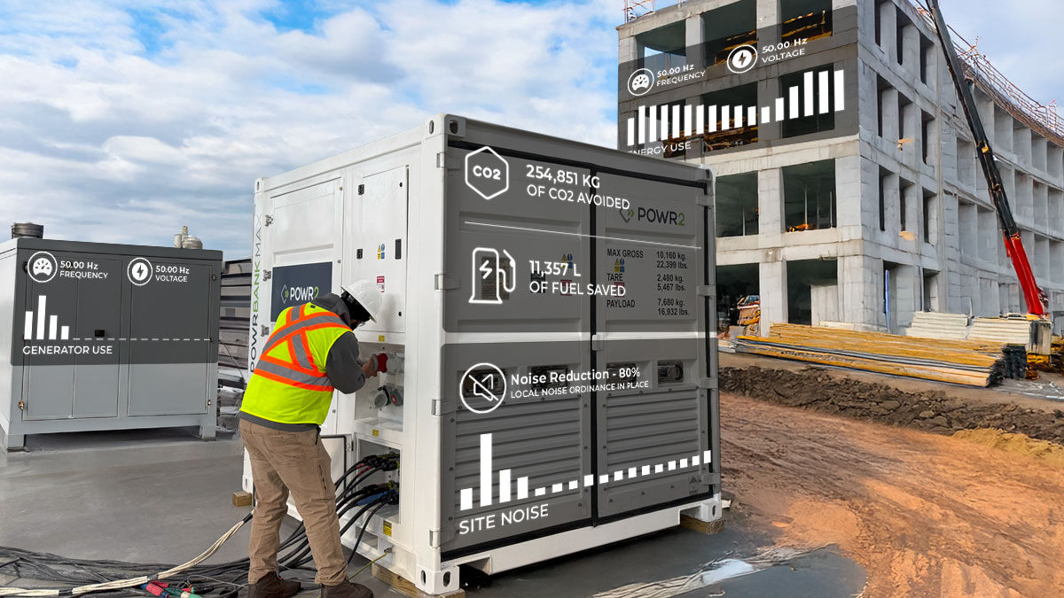 Construction worker working on mobile battery energy storage for construction