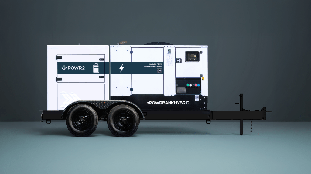 POWR2 announces the new POWRBANK Hybrid Energy System, combining a mobile battery energy storage system and generator on a trailer.