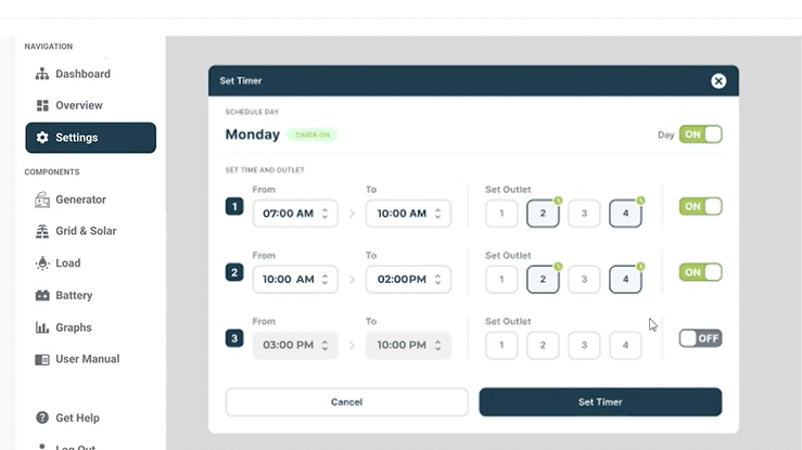Set timers to have the POWRBANK and generator work to your advantage. 
